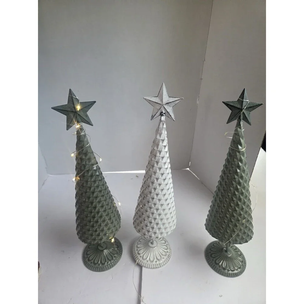 Set of 3 Tabletop Artificial Decorated Christmas Trees Star Toppers, Lights